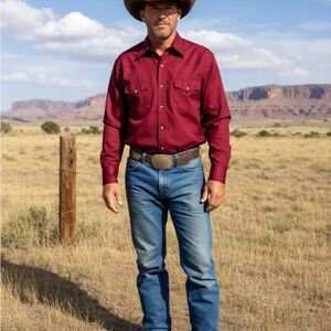 Wrangler Size L Long Sleeve Double Front Pocket Red Western Country Shirt